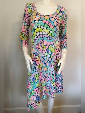 Lilly Pulitzer Ariana Gypsy Jungle Pastel Knit Asymmetrical Scoop Neck Dress Med